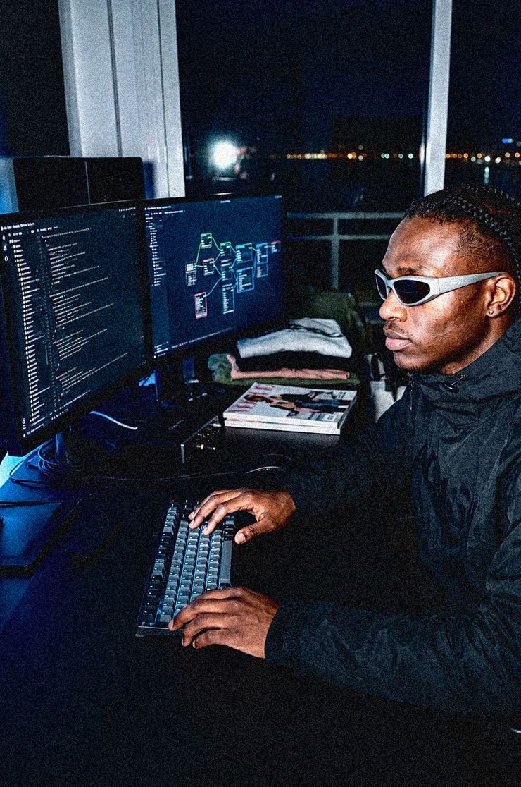 Hombre con gafas de sol trabajando de noche frente a varios monitores con código