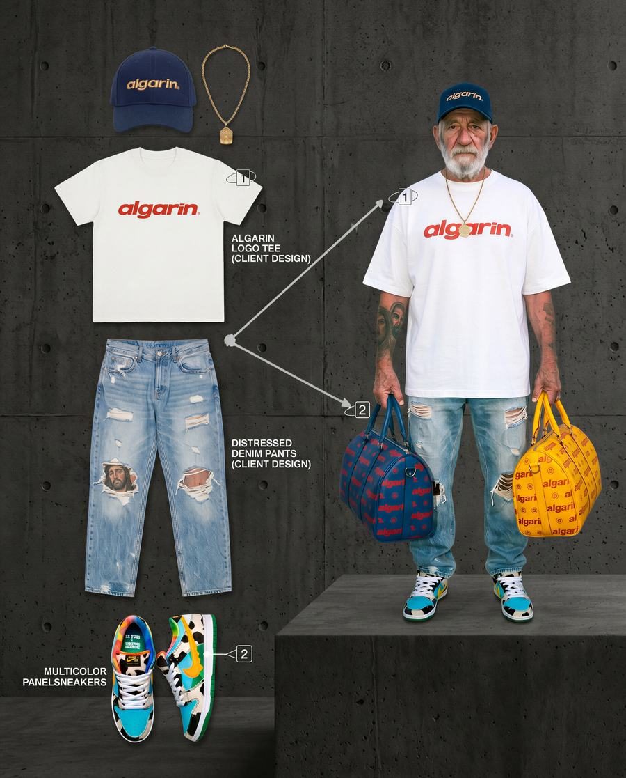 Ficha de diseño de una prenda con camiseta, vaqueros y zapatillas de una marca de streetwear